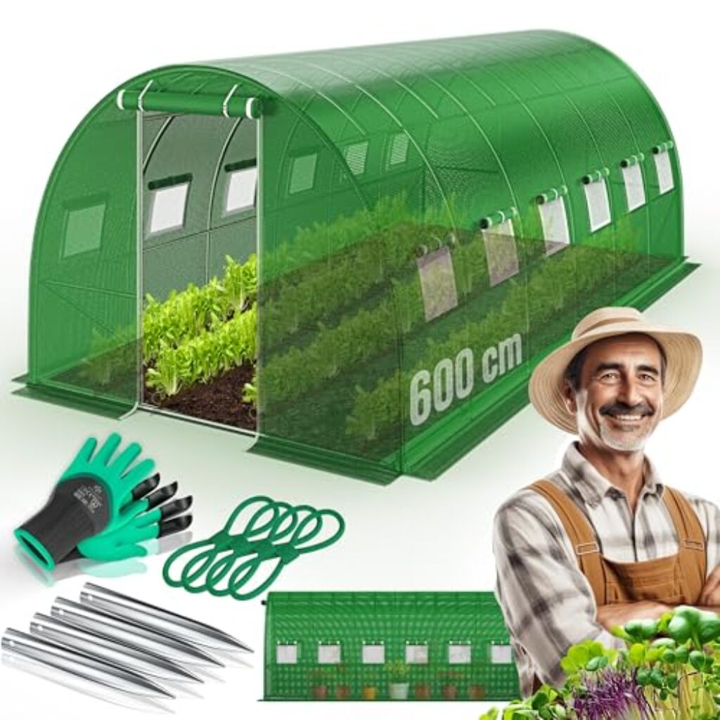 KESSER® Folien-Gewächshaus Stabil mit 12 Fenster mit Moskitonetz & Tür | Gartentunnel mit Rahmen aus verzinktem Stahl | Folientunnel 170g/m² inkl. Erdanker Handschuhen & Seilen | 600x300cm Grün