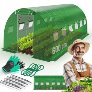 KESSER® Folien-Gewächshaus Stabil mit 12 Fenster mit Moskitonetz & Tür | Gartentunnel mit Rahmen aus verzinktem Stahl | Folientunnel 170g/m² inkl. Erdanker Handschuhen & Seilen | 600x300cm Grün