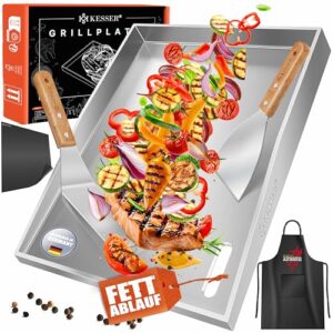 KESSER® Grillplatte Plancha Edelstahl I Grill Platte 40x30x4cm Gas & Holzkohlegrill mit Fettablauf & Anti-Stick I hitzebeständig bis 800°C, Spülmaschinenfest inkl. 2 Spatel, Grillschürze & Grillmatte