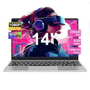 Laptop Win 11 con 5G WiFi, Laptops 14 Inch 6GB RAM 256GB SSD Erweiterung 1TB, BT 4.2 3.0 Übertragung Anschluss 1920*1080 FHD, Notebook With Mini Multimedia Anschluss & Deutscher Keyboardfilm-Silver