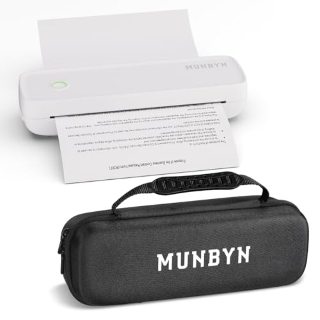 MUNBYN Mobiler Drucker Bluetooth Thermodrucker A4 203DPI Inkless Printer Kompatibel mit Android & iOS für Handy & Laptop, Tragbarer Drucker mit Aufbewahrungstasche, ITP04, Weiß