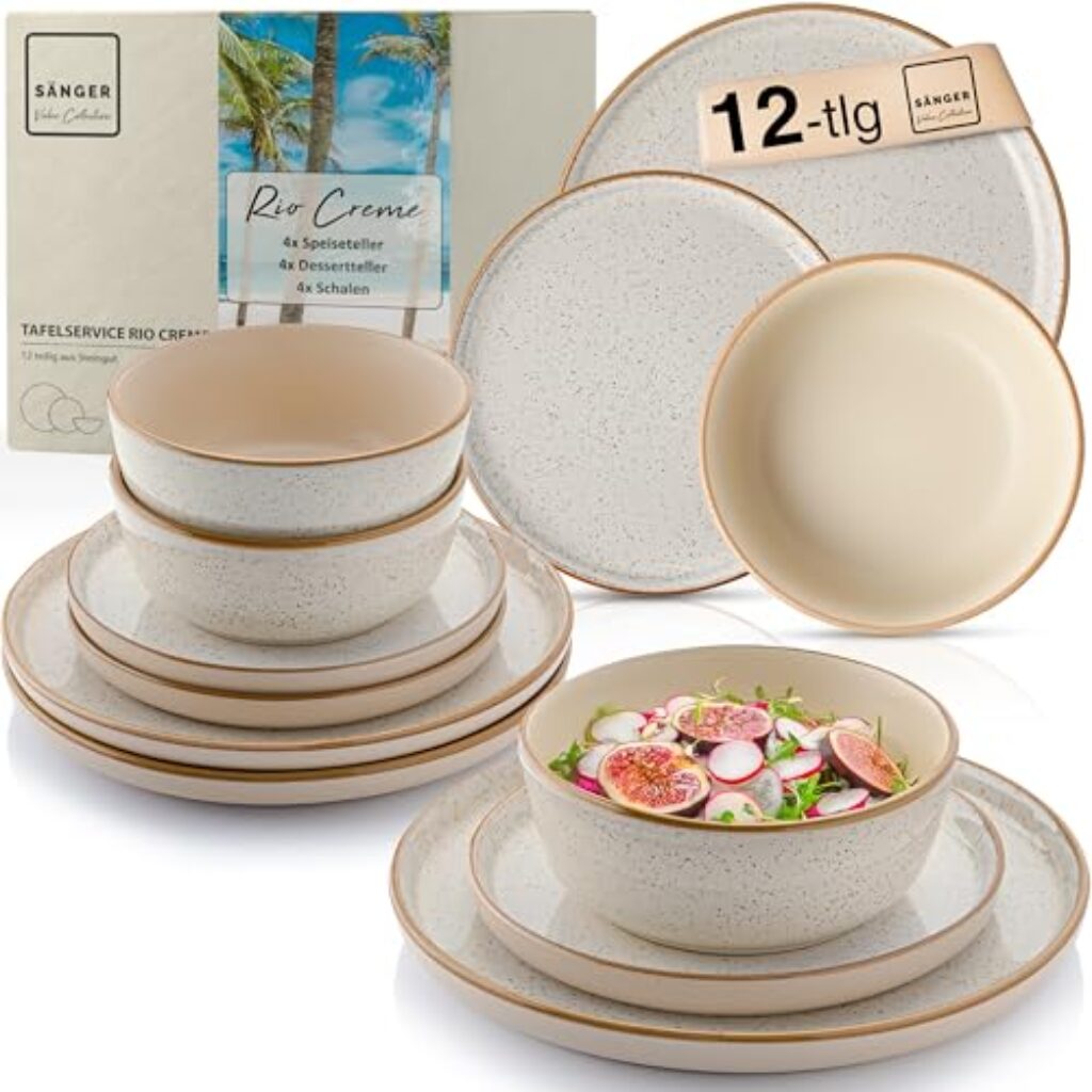 SÄNGER Rio Creme | Tafelservice 12 teilig, Steingut Geschirr Set 4 Personen, 4x Speiseteller 4x Dessertteller 4x Schalen Geschirrset und Schale creme | VALUE COLLECTION