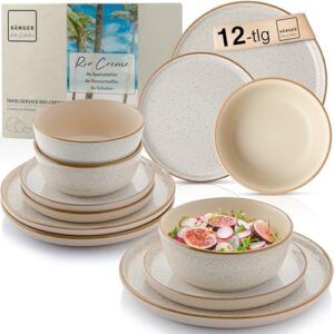 SÄNGER Rio Creme | Tafelservice 12 teilig, Steingut Geschirr Set 4 Personen, 4x Speiseteller 4x Dessertteller 4x Schalen Geschirrset und Schale creme | VALUE COLLECTION