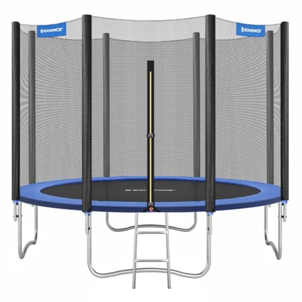 SONGMICS Trampolin Ø 305 cm, Gartentrampolin für Kinder mit Sicherheitsnetz, Randabdeckung, Leiter, 180 cm hohe gerade Stangen, Stahlrahmen, TÜV Rheinland GS-Zertifikat, blau STR10FT