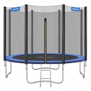 SONGMICS Trampolin Ø 305 cm, Gartentrampolin für Kinder mit Sicherheitsnetz, Randabdeckung, Leiter, 180 cm hohe gerade Stangen, Stahlrahmen, TÜV Rheinland GS-Zertifikat, blau STR10FT