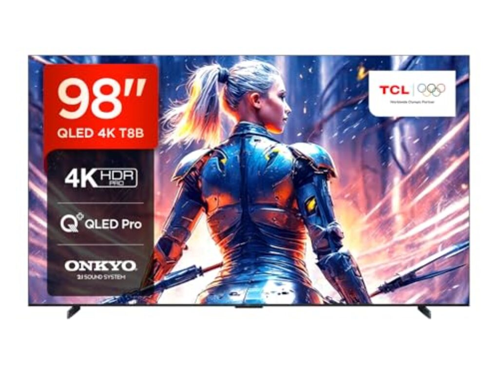 TCL 98T8B 98-Zoll QLED Pro 144Hz Onkyo Gaming Fernseher, 4K UHD, HDR Pro, Google TV (Dolby Vision IQ & Atmos, Motion Clarity, Freihändige Sprachsteureung, Kompatibel mit Google Assistant & Alexa)