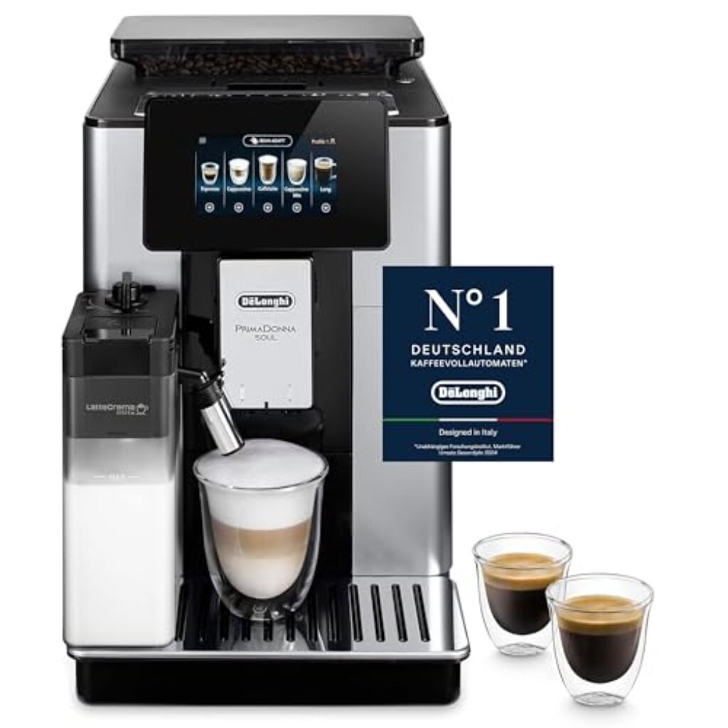 De'Longhi PrimaDonna Soul Perfetto ECAM 612.55.SB Kaffeevollautomat mit LatteCrema Milchsystem und Bean Adapt Technologie, 18 Rezepte, mit Farbdisplay- App-Steuerung, Silber/Schwarz