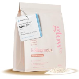 Glow25® Collagen Plus [450g] - Kollagen Hydrolysat mit Vitamin C, Zink und Biotin - Peptide Typ 1 und 3 - Gute Löslichkeit - Neutral