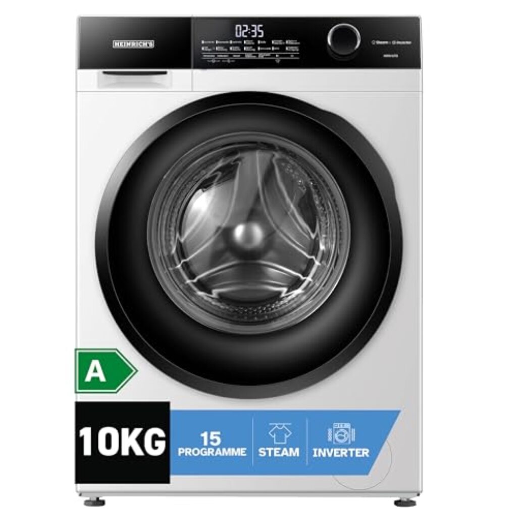 Heinrich´s Waschmaschine, Steam-Funktion, 10kg Mega Kapazität, 15 Programme, 1400 U/min., Aqua-Stop, LED-Display, Endzeitvorwahl, mit Kindersicherung, langlebiger und leiser Inverter Motor,Weiß