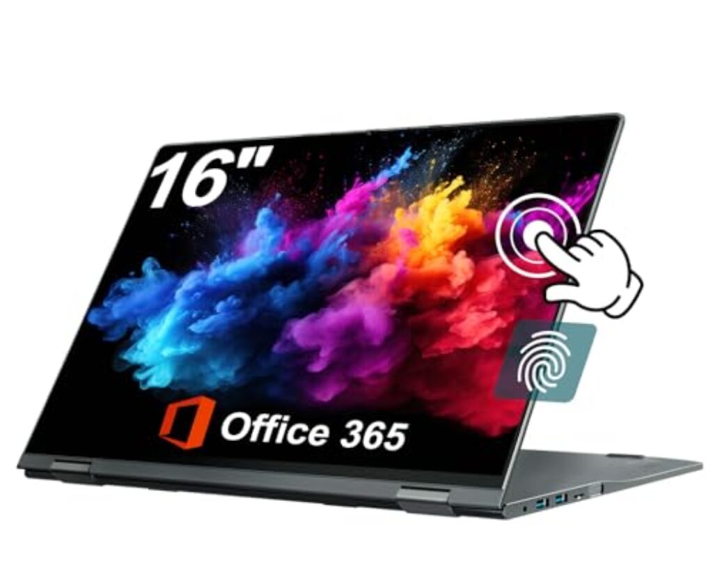 jumper Laptop 16 Zoll, 2 in 1 Laptop mit FHD 360 Grad Touchscreen, 16GB RAM 640GB ROM, QWERTZ Tastatur mit Hintergrundbeleuchtung, Fingerabdruckleser, 1 Jahr Office 365, 1920x1200, 53.2WH Akku, WiFi 6
