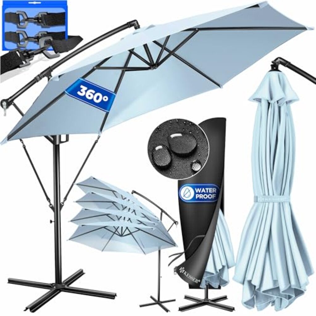 KESSER® Alu Ampelschirm Sonnenschirm + Abdeckung Ø300 cm & Kurbelvorrichtung Kurbelschirm mit Ständer UV-Schutz Aluminium Wasserabweisende Bespannung 360° Funktion Garten-Schirm Marktschirm Hellblau