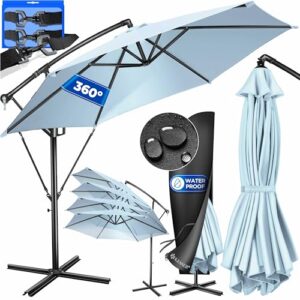 KESSER® Alu Ampelschirm Sonnenschirm + Abdeckung Ø300 cm & Kurbelvorrichtung Kurbelschirm mit Ständer UV-Schutz Aluminium Wasserabweisende Bespannung 360° Funktion Garten-Schirm Marktschirm Hellblau
