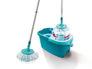 Leifheit Set CLEAN Twist Disc Mop Ergo 2.0, Bodenwischer mit Mikrofaser Bezug für nebelfeuchte Reinigung auf Fliesen und Laminat, Wischmopp mit Click-System und Schleudertechnologie