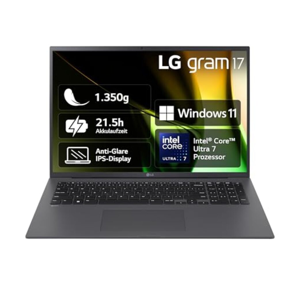 LG gram 17 Zoll Notebook - 1350g Intel Core Ultra7 Laptop (32GB RAM, 2TB Dual SSD, 21,5h Akkulaufzeit, IPS Panel Anti-Glare Display, Win 11 Home, 2024) - Grau