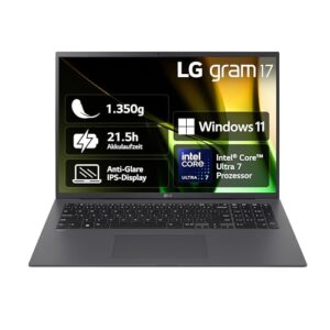 LG gram 17 Zoll Notebook - 1350g Intel Core Ultra7 Laptop (32GB RAM, 2TB Dual SSD, 21,5h Akkulaufzeit, IPS Panel Anti-Glare Display, Win 11 Home, 2024) - Grau
