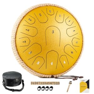 MeloBeat Zungentrommel 13 Zoll 15 Töne - Professionelles Steel Tongue Drum Handpan Set in D Dur inkl. Zungentrommel Liederbuch, Schlagzeug Sticks und Trommel Tragetasche (Gold)