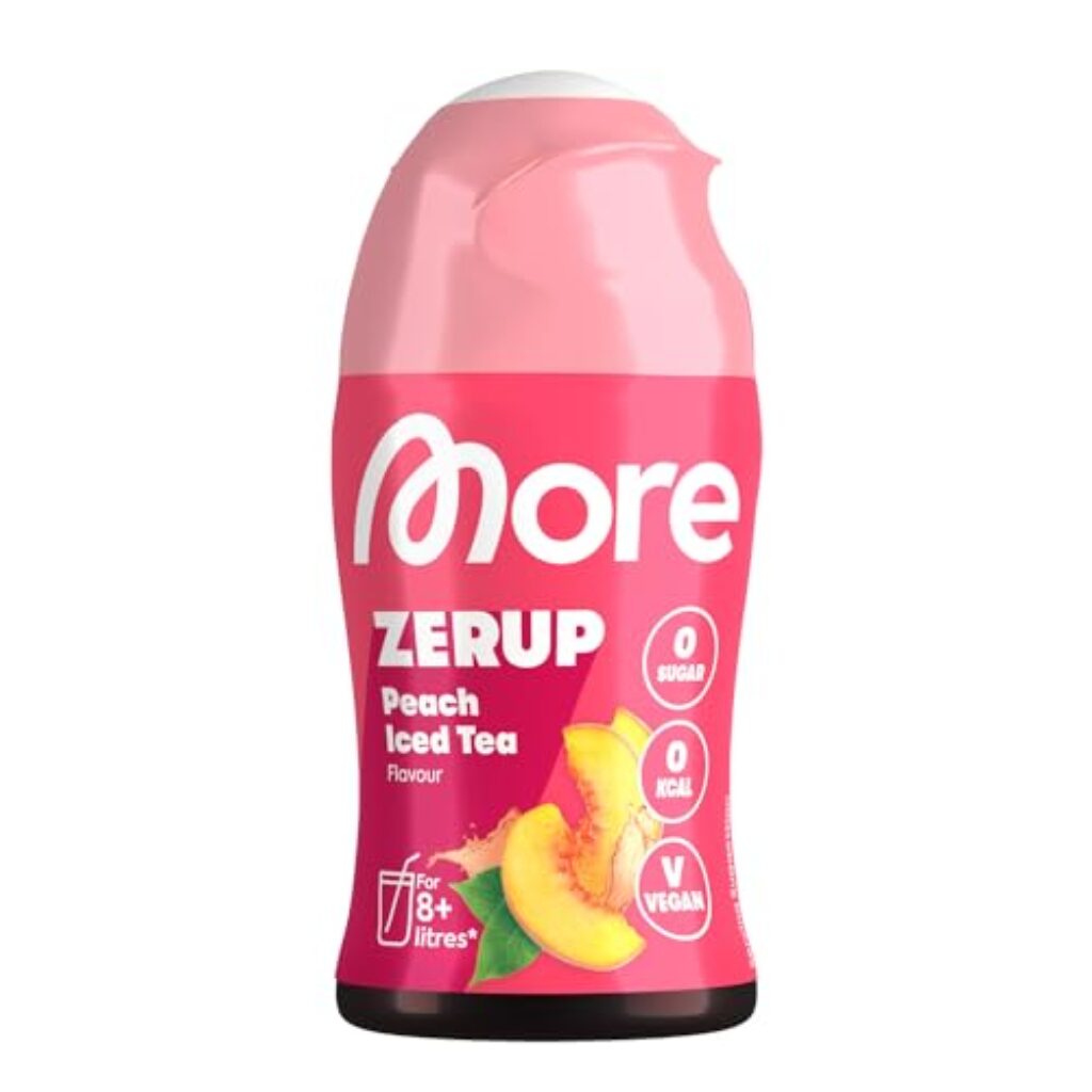 MORE Zerup, Peach Iced Tea, 65 ml, für bis zu 8 l Fertiggetränk, zuckerfreier Sirup mit echten Fruchtextrakten, vegan, zero Kalorien - made in Germany