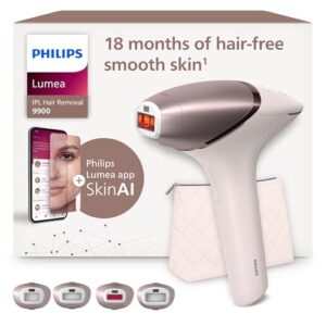 Philips Lumea 9900 Series, IPL-Haarentfernungsgerät, Alternative zur Laserhaarentfernung, SenseIQ und SkinAI Technologie, 4 Aufsätze für Körper, Gesicht, Bikinizone, Akku- und Netzbetrieb, BRI951/00
