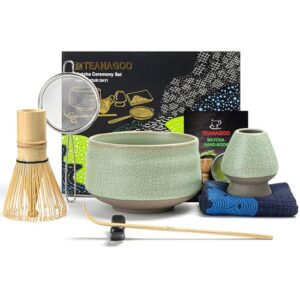 TEANAGOO Matcha Set| Matcha Besen|Matcha Tea Set | Matcha Schale| Matcha Whisk,Schaufel, Sieb, Matcha-Besenhalter, Matcha-Besenständer-7 Stück Matcha Tee Sets,N6, Lt.grün mit Schwarzer Naht
