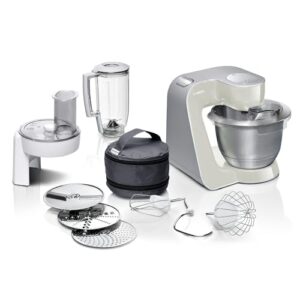 Bosch Küchenmaschine MUM5 CreationLine MUM58L20, Edelstahl-Schüssel 3,9 L, Mixer 1,25 L, Planetenrührwerk, Knethaken, Schlag- und Rührbesen Edelstahl, Durchlaufschnitzler, 3 Scheiben, 1000 W, grau