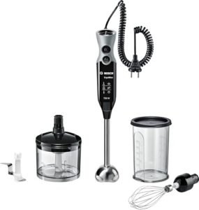 Bosch Stabmixer ErgoMixx MSM67170, Edelstahl-Mixfuß, Universalzerkleinerer, Mix- und Messbecher, Schneebesen, Ice-Crush-Klinge, leichtes Gehäuse, 12 Stufen plus Turbostufe, 750 W, schwarz/grau