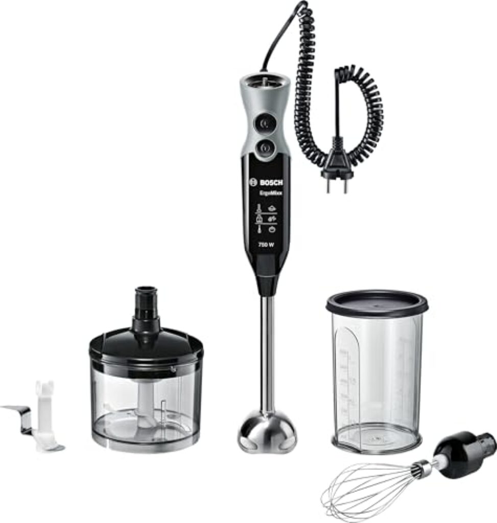 Bosch Stabmixer ErgoMixx MSM67170, Edelstahl-Mixfuß, Universalzerkleinerer, Mix- und Messbecher, Schneebesen, Ice-Crush-Klinge, leichtes Gehäuse, 12 Stufen plus Turbostufe, 750 W, schwarz/grau