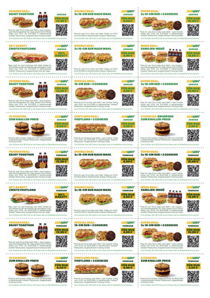 Aktuelle Subway Gutscheine & Rabatte 01/2026