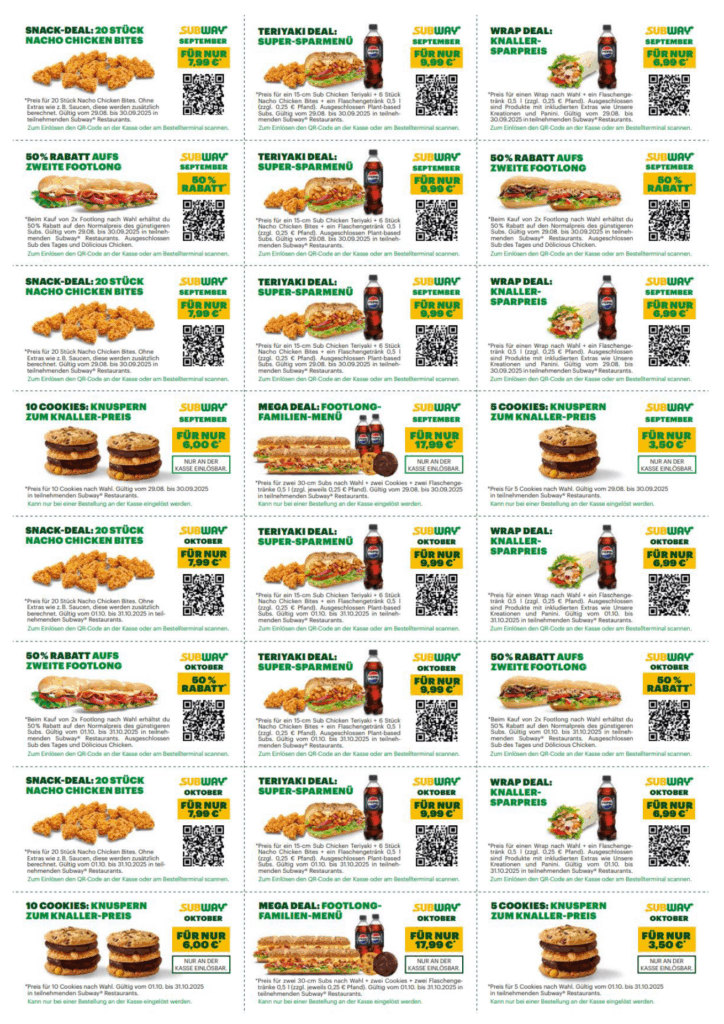 Aktuelle Subway Gutscheine & Rabatte 09/2025