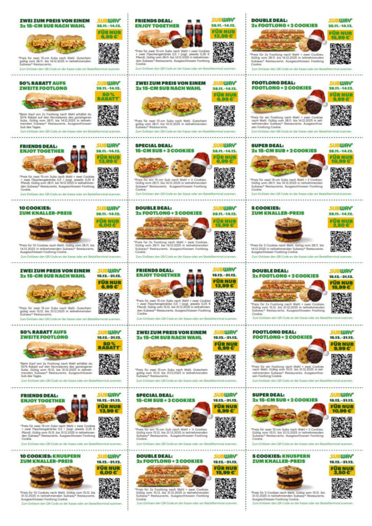 Aktuelle Subway Gutscheine & Rabatte 12/2025