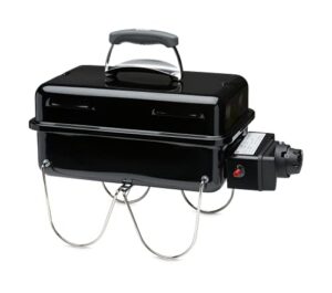 Weber Go-Anywhere Gasgrill, 42 x 26cm Grillfläche, leichter tragbarer BBQ Grill, Tisch-Campinggrill mitporzellanemaillierter Schale & Deckel, umklappbare Standfüße - Schwarz (1141079)