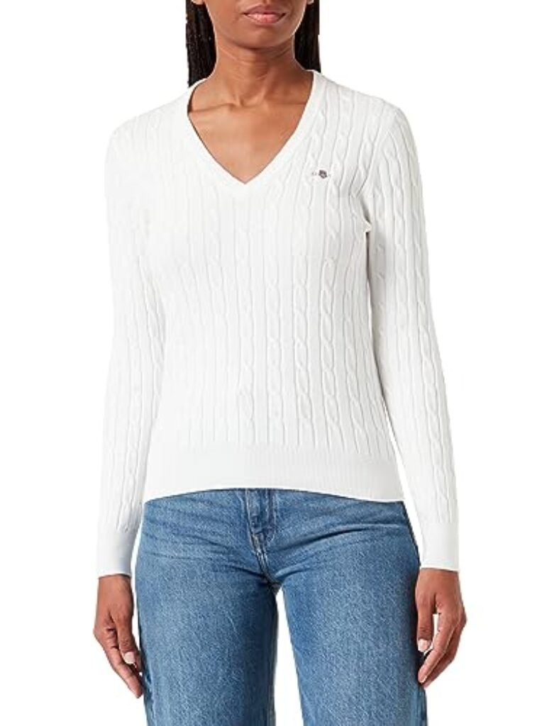 Gant Damen Stretch Cotton Cable V-Neck Pullover, Eggshell, Standard
