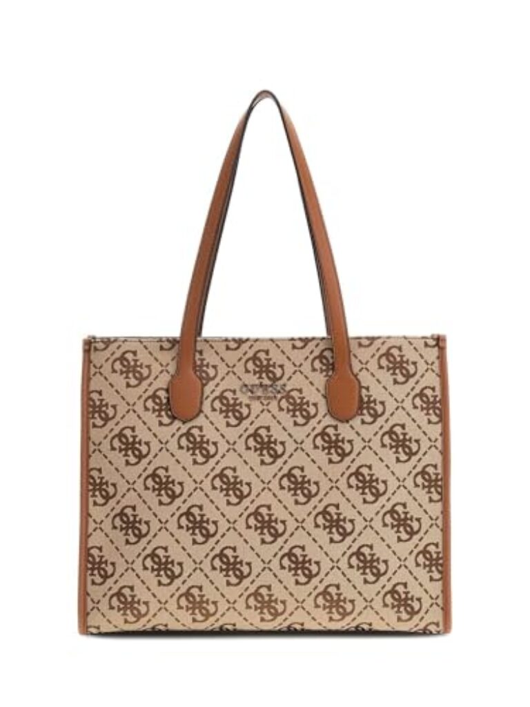 GUESS Women Silvana Girlfriend Tote Hand Bag, Latte Logo