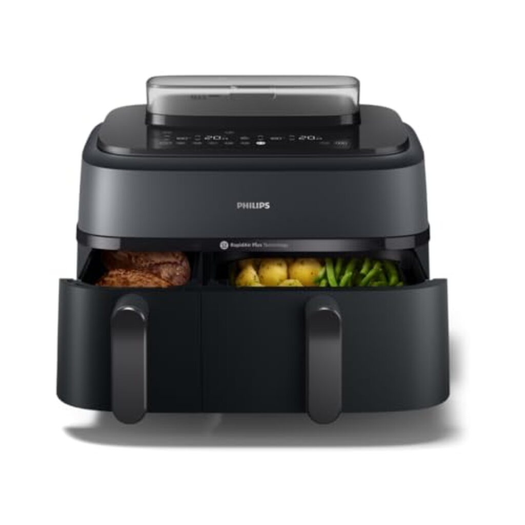 Philips Steam Airfryer 5000 Series Dual Basket - Airfryer & Dampfgarer in einem Gerät, 9L, RapidAir Plus Technologie, 19 Kochfunktionen, 90% weniger Fett, 2 Körbe, Dampfreinigung (NA550/00)