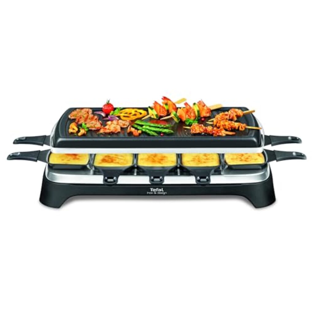 Tefal Raclette Grill Ambiance, Raclette 10 Personen, inkl. Tischgrill-Funktion, Grillplatte antihaftbeschichtet + spülmaschinengeeignet, abnehmbares 2 Meter-Kabel, schwarz, Edelstahl, 1350W, RE4588