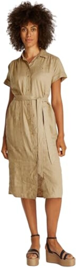 Tommy Hilfiger Damen Hemdkleid Linen Belted Kurzarm, Braun (Camel), 40