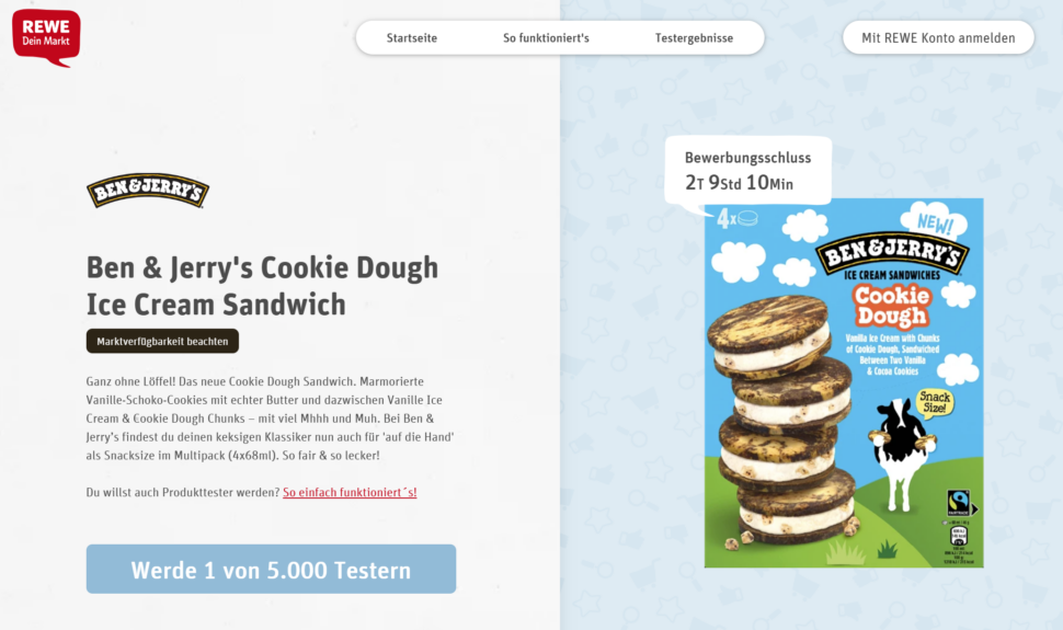 Ben & Jerry's Cookie Dough Ice Cream Sandwich gratis testen