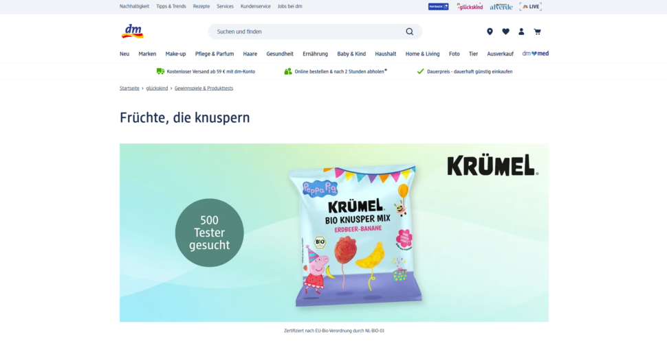 KRÜMEL Peppa Pig Bio Knusper Mix Erdbeere-Banane gratis testen